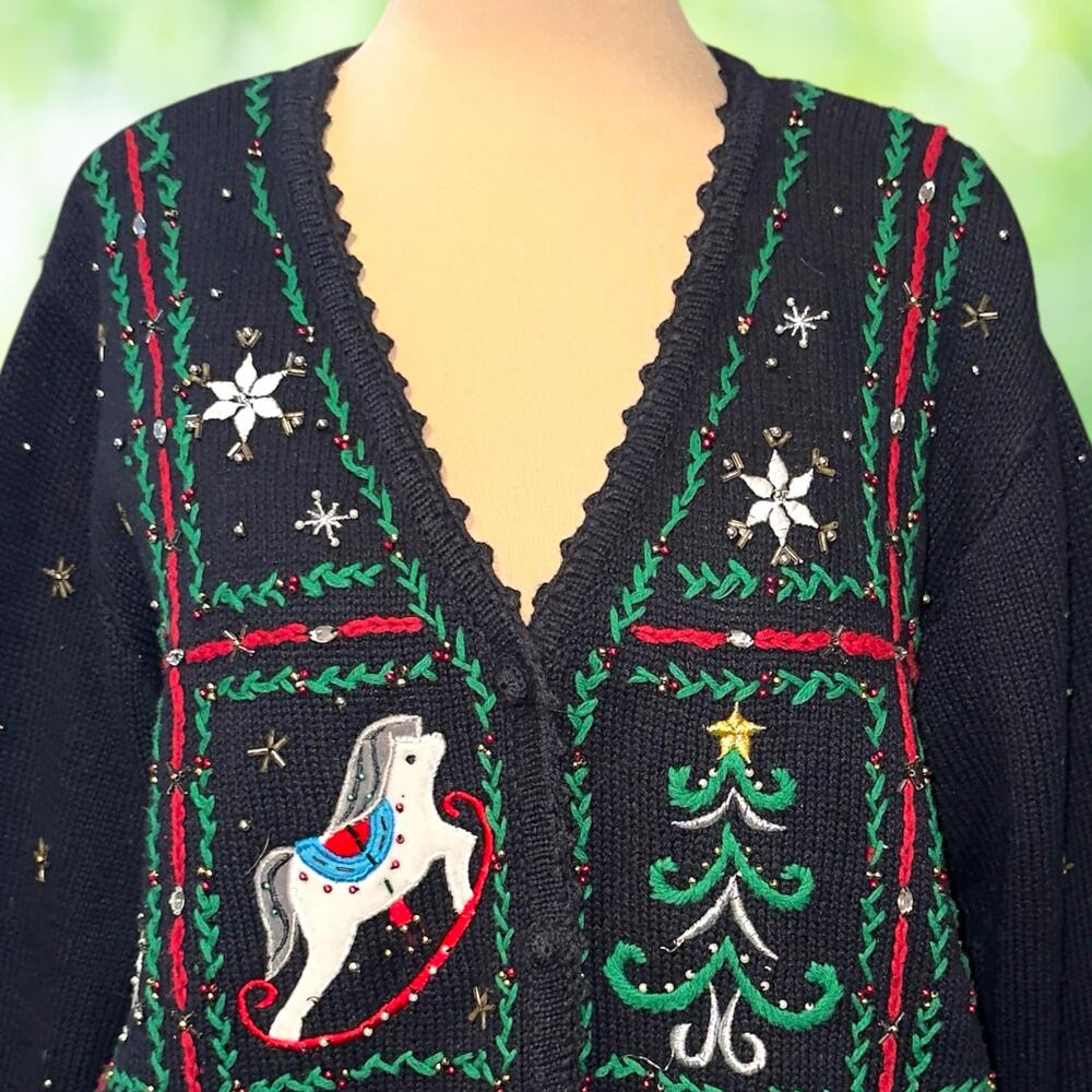 Vintage Embroidered Christmas Cardigan Sweater Rocking Horse Beaded Black Size L - Picture 2 of 10